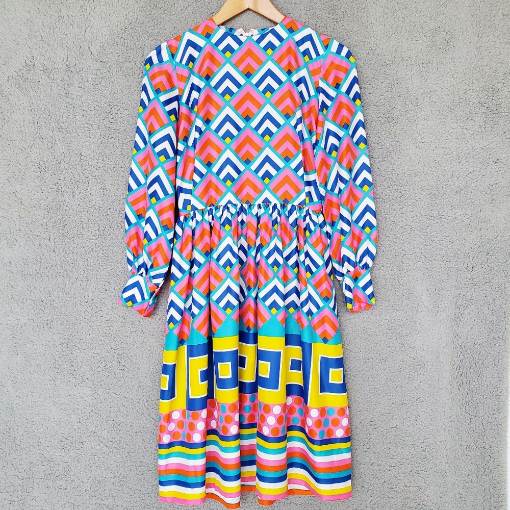 Vintage Tanner of North Carolina Pink Printed Dress XS Long Sleeve Knee Length